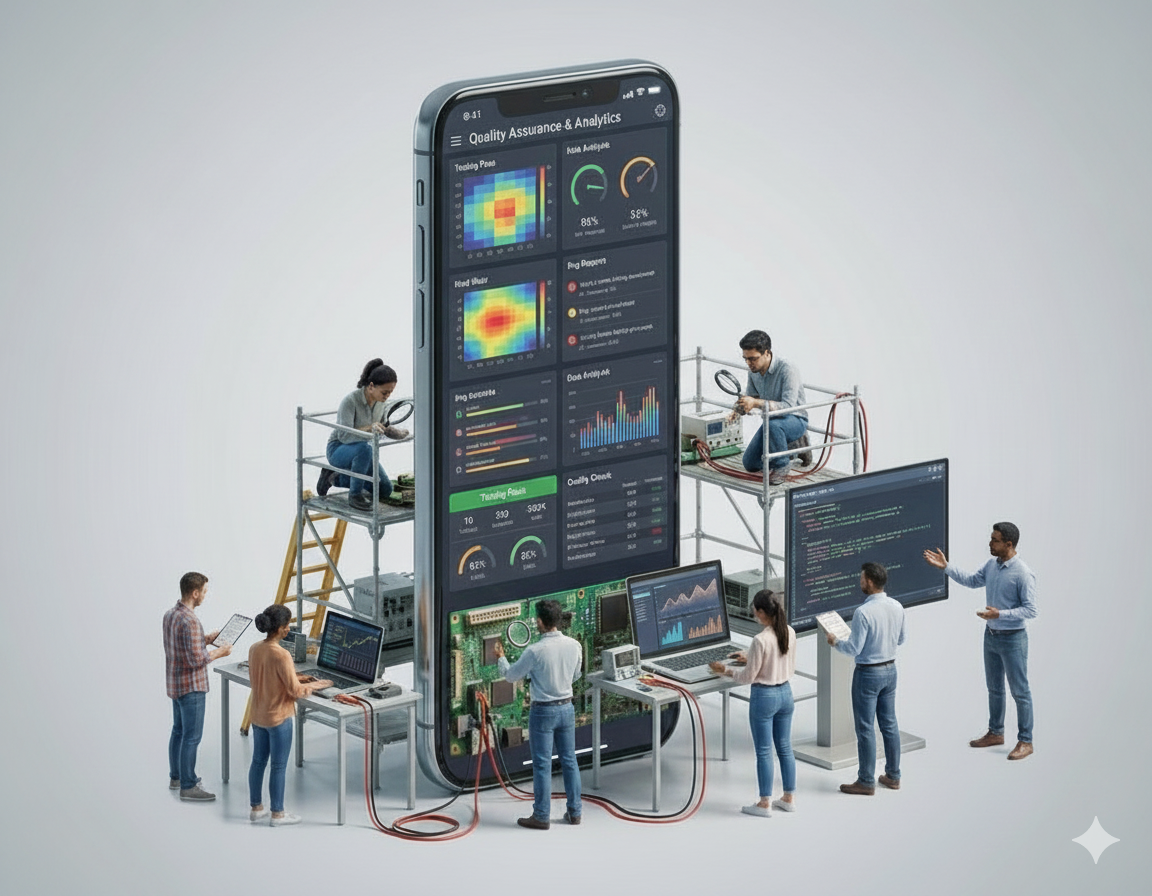 Abstrakte Darstellung der Qualitätssicherung in der Exposure App mit Code-Symbolen, Analytics-Diagrammen und Testing-Icons
