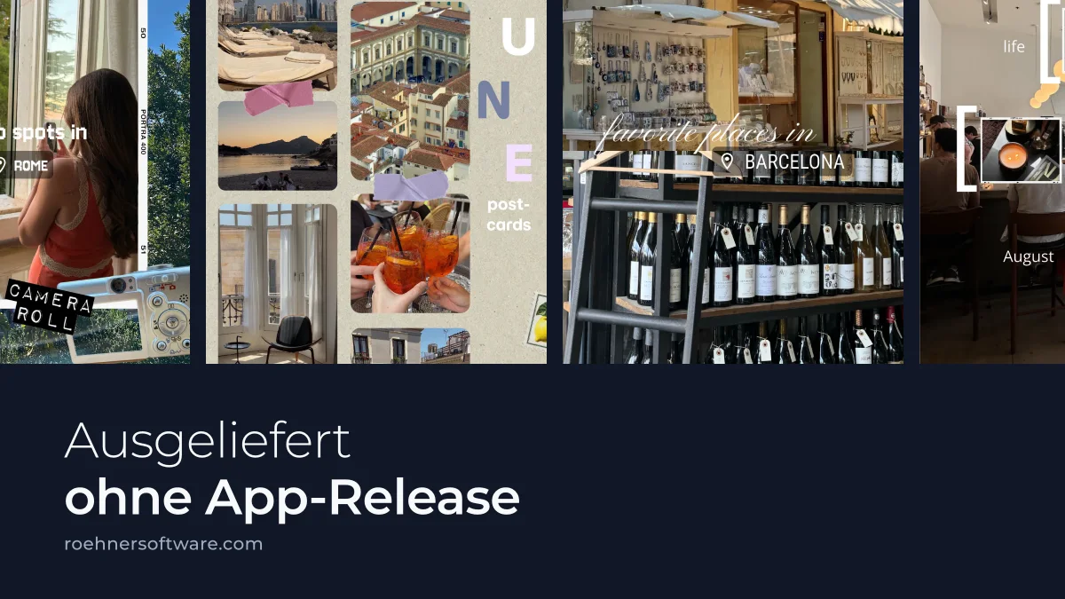 Vier Vorschaufolien von Layout-Vorlagen der Exposure App als Reihe auf dunklem Grund, oben und an beiden Seiten angeschnitten, darunter die Zeile „Ausgeliefert ohne App-Release“