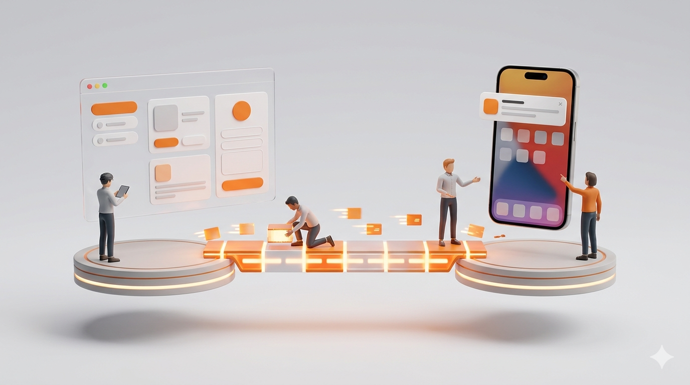 Illustration einer Brücke, die eine PWA-Oberfläche und eine Mobile-App verbindet – mit Engineer-Figuren an beiden Plattformen